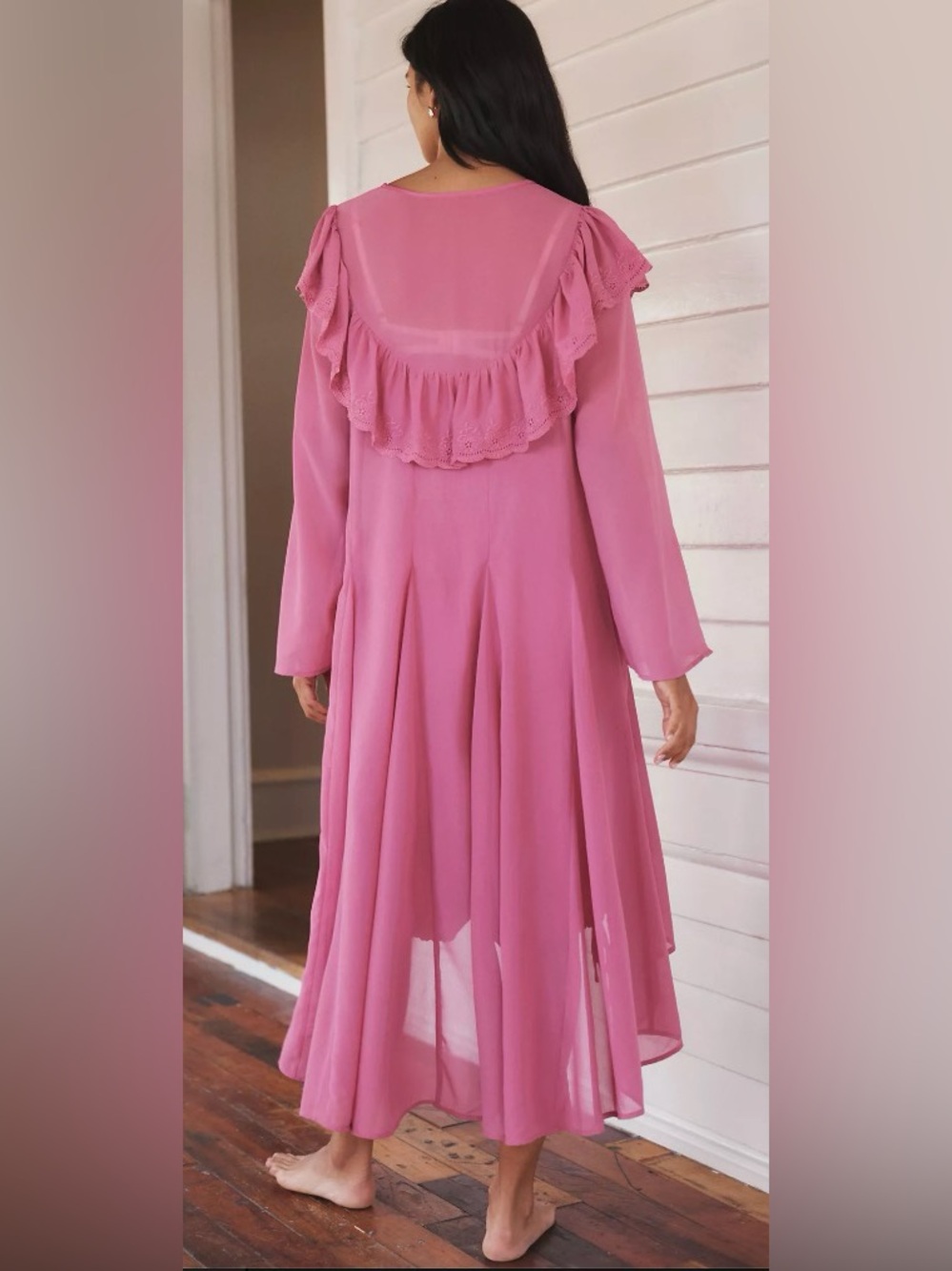 Anthropologie Pink Ruffle-Trim Long Robe - Picture 2 of 3